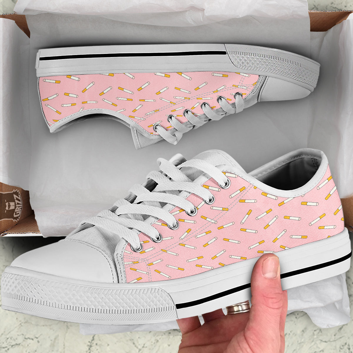 Cigarette And Pink Print Pattern White Low Top Shoes-grizzshop