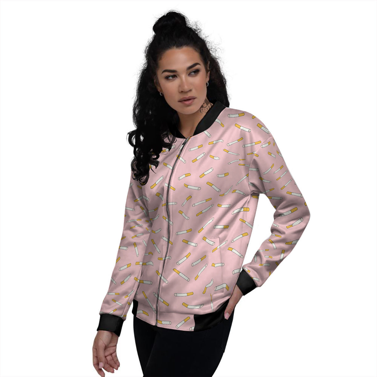 Cigarette And Pink Print Pattern Women's Bomber Jacket-grizzshop
