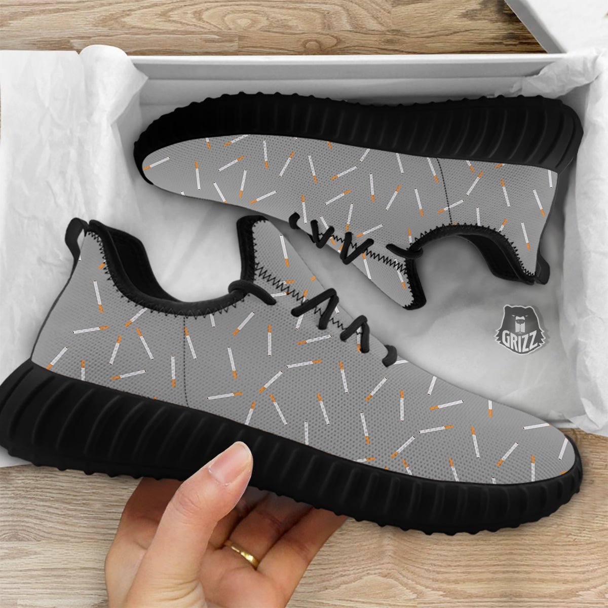Cigarette Gray Print Pattern Black Walking Shoes-grizzshop