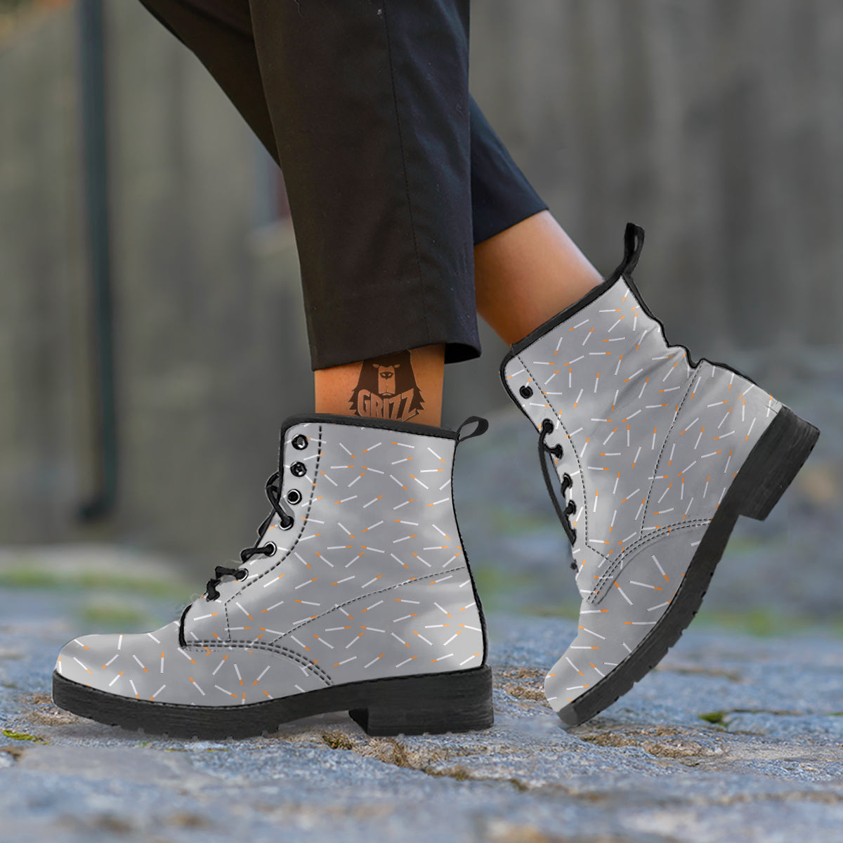 Cigarette Gray Print Pattern Leather Boots-grizzshop