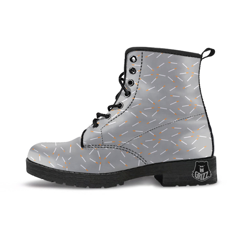 Cigarette Gray Print Pattern Leather Boots-grizzshop