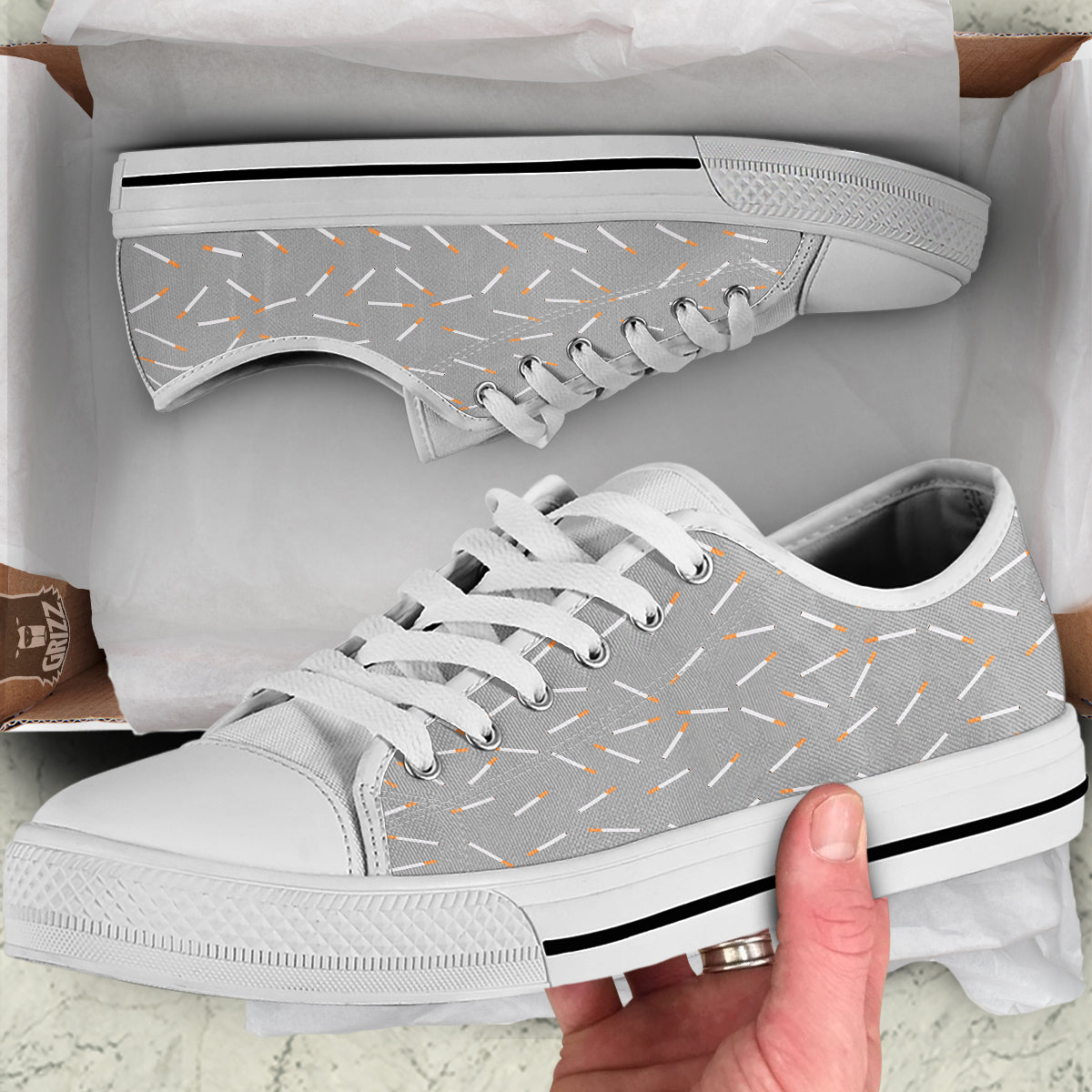 Cigarette Gray Print Pattern White Low Top Shoes-grizzshop