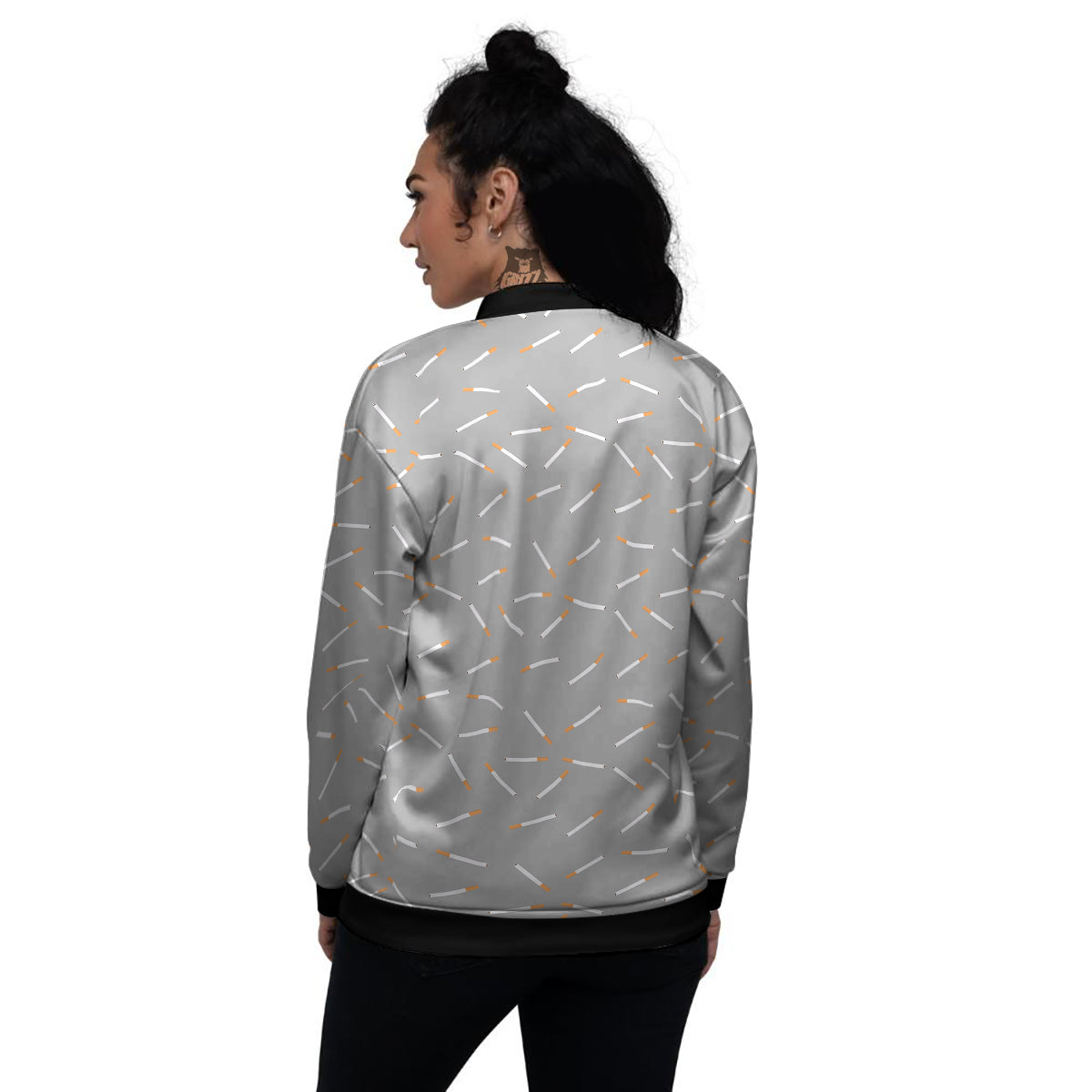 Cigarette Gray Print Pattern Women's Bomber Jacket-grizzshop