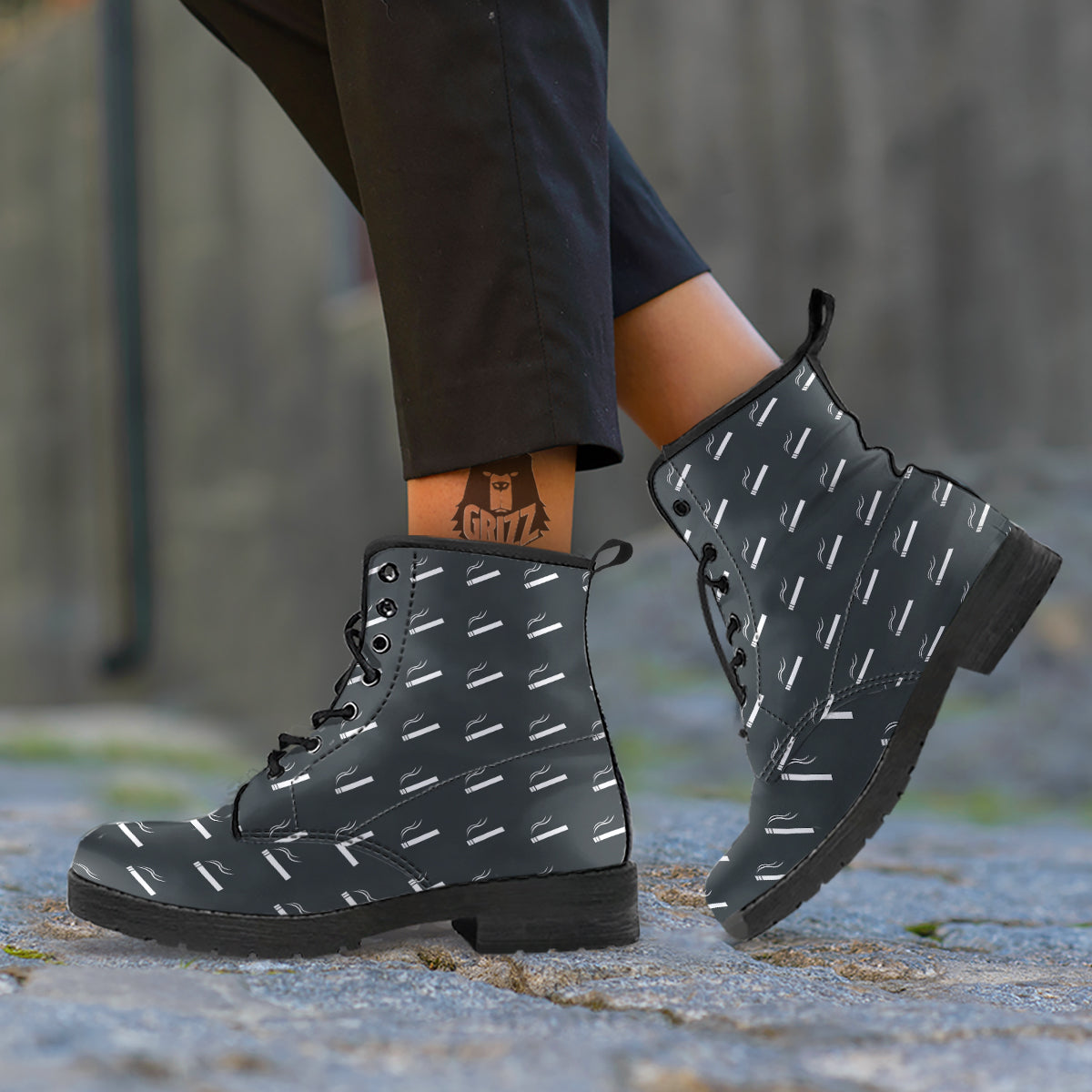 Cigarette Print Pattern Leather Boots-grizzshop