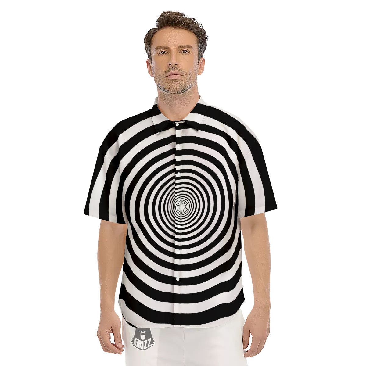 Circle Illusion White And Black Print Men's Short Sleeve Shirts-grizzshop