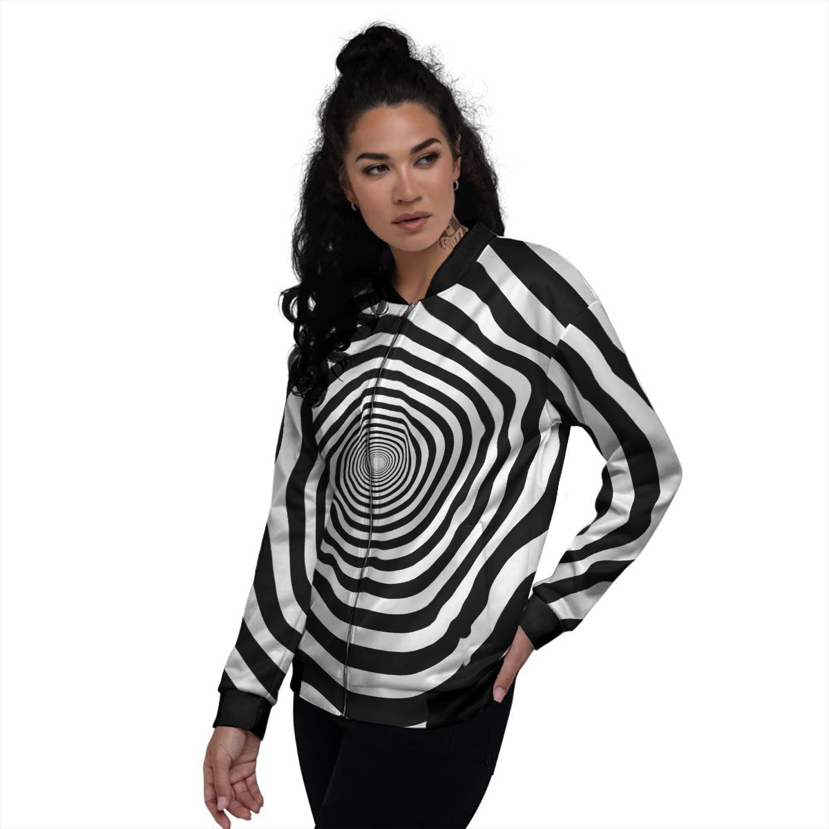 Circle Illusion White And Black Print Women's Bomber Jacket-grizzshop