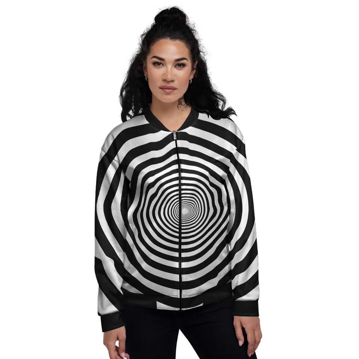 Circle Illusion White And Black Print Women's Bomber Jacket-grizzshop