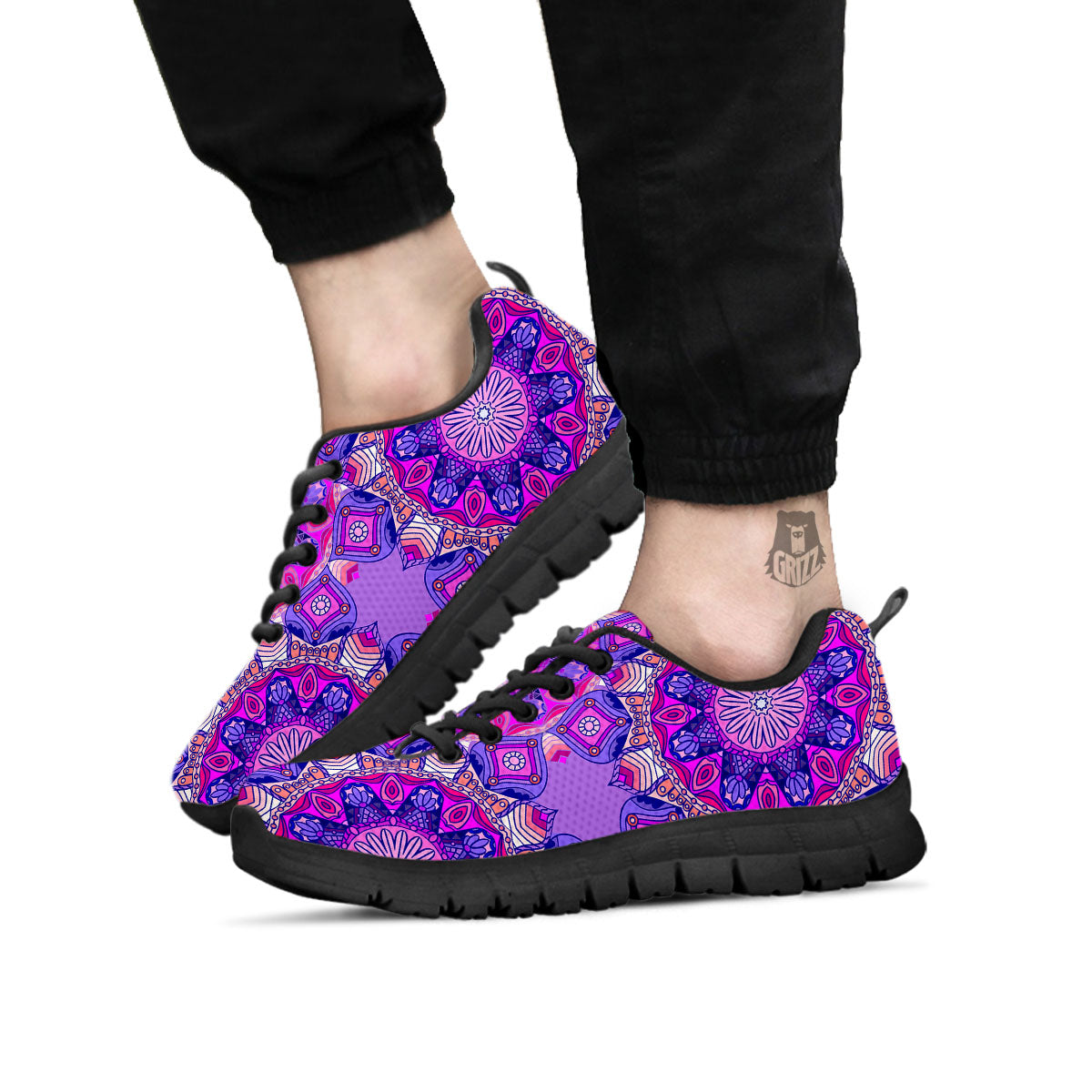 Circle Mandala Purple Print Black Sneaker-grizzshop