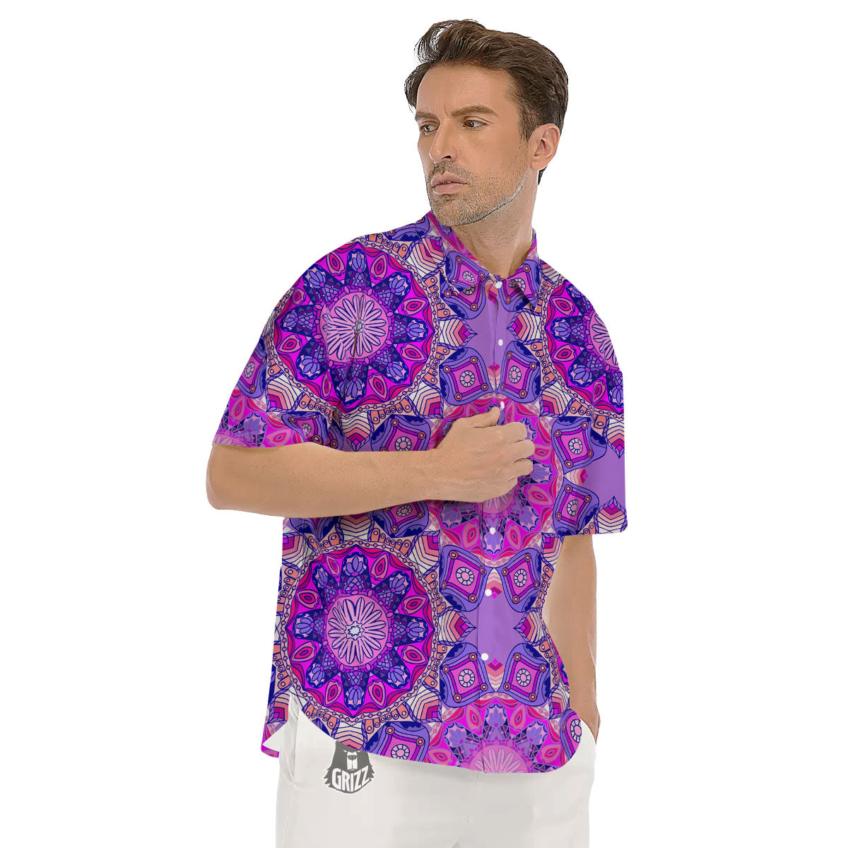 Circle Mandala Purple Print Men's Short Sleeve Shirts-grizzshop