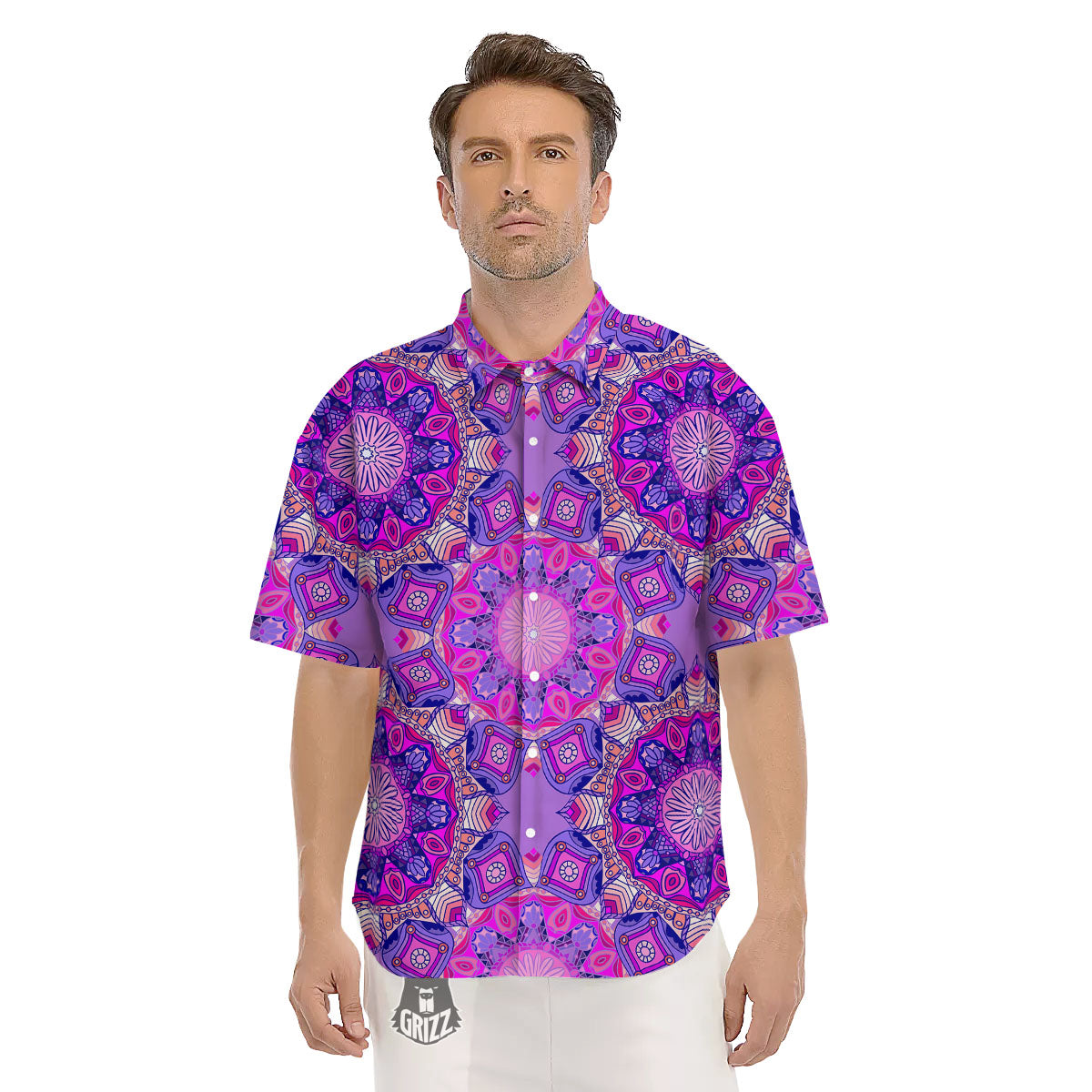 Circle Mandala Purple Print Men's Short Sleeve Shirts-grizzshop