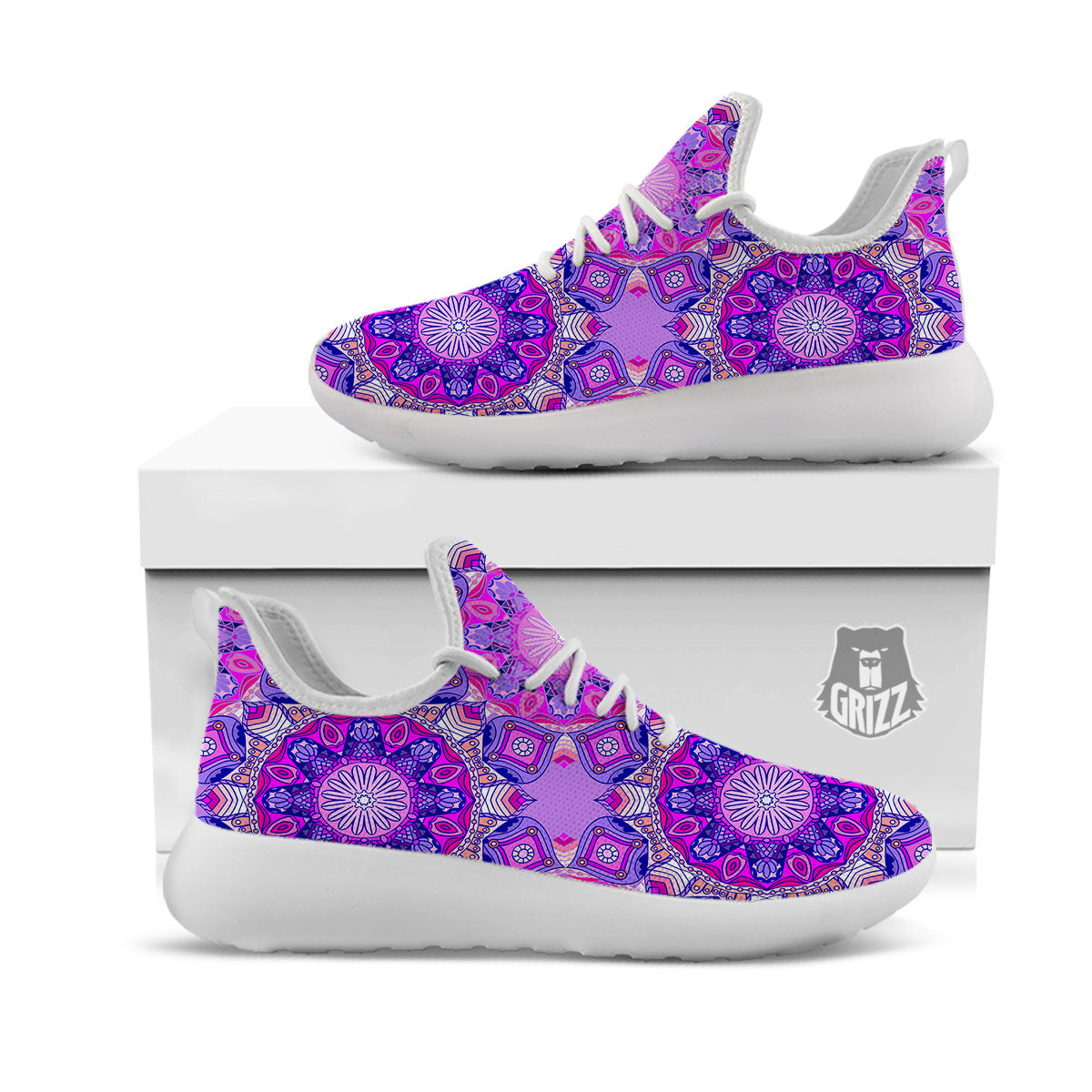 Circle Mandala Purple Print White Athletic Shoes-grizzshop