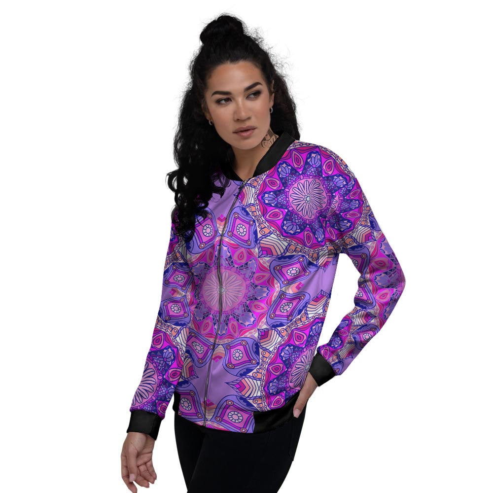 Circle Mandala Purple Print Women's Bomber Jacket-grizzshop