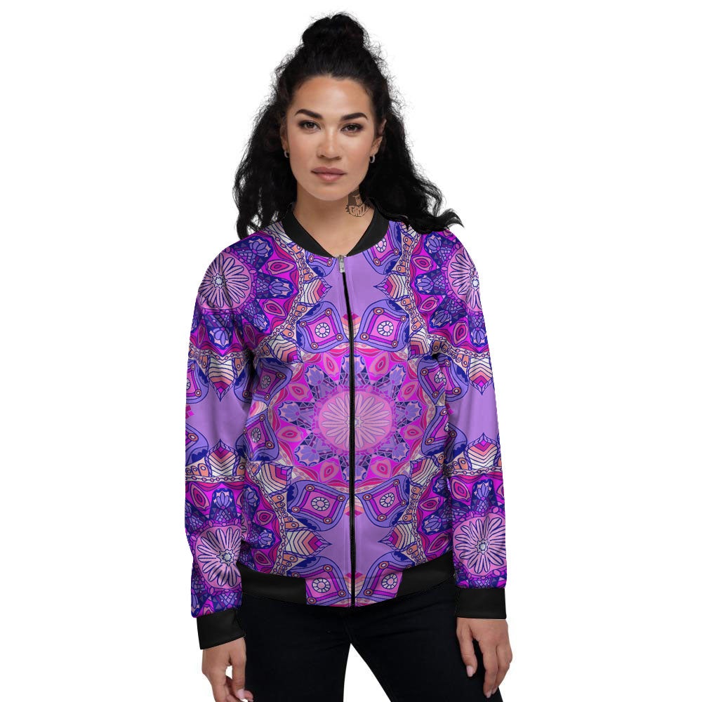 Circle Mandala Purple Print Women's Bomber Jacket-grizzshop
