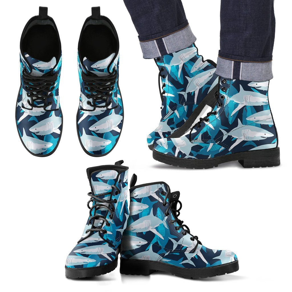 Circling Shark Pattern Print Men Women Leather Boots-grizzshop