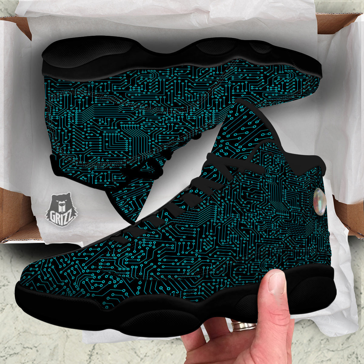 Circuit Black Blue Print Pattern Black Basketball Shoes-grizzshop