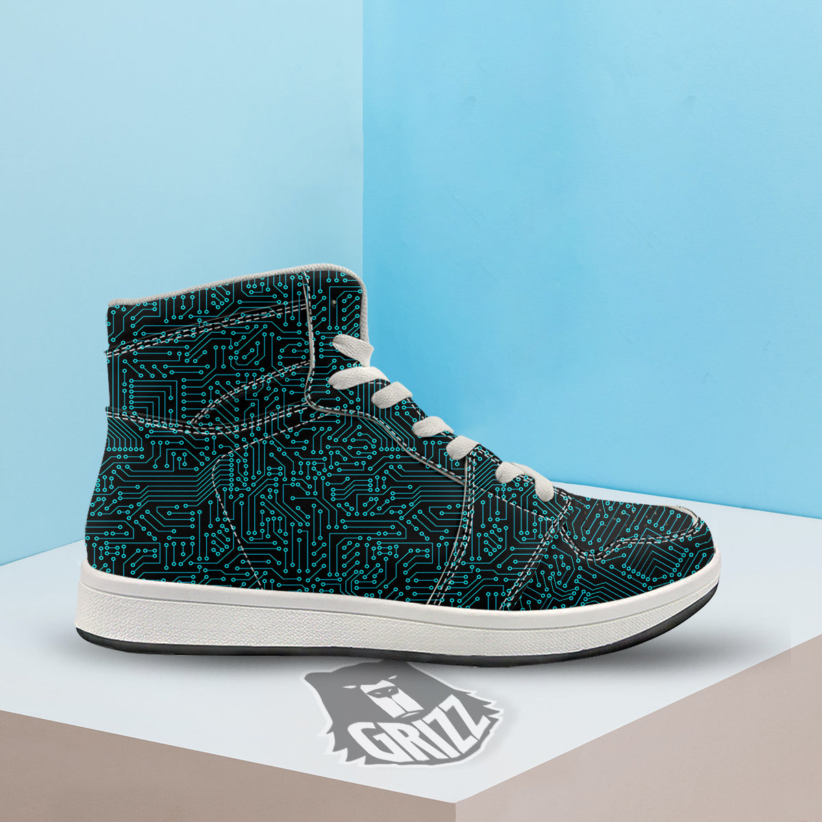 Circuit Black Blue Print Pattern High Top Sneakers-grizzshop