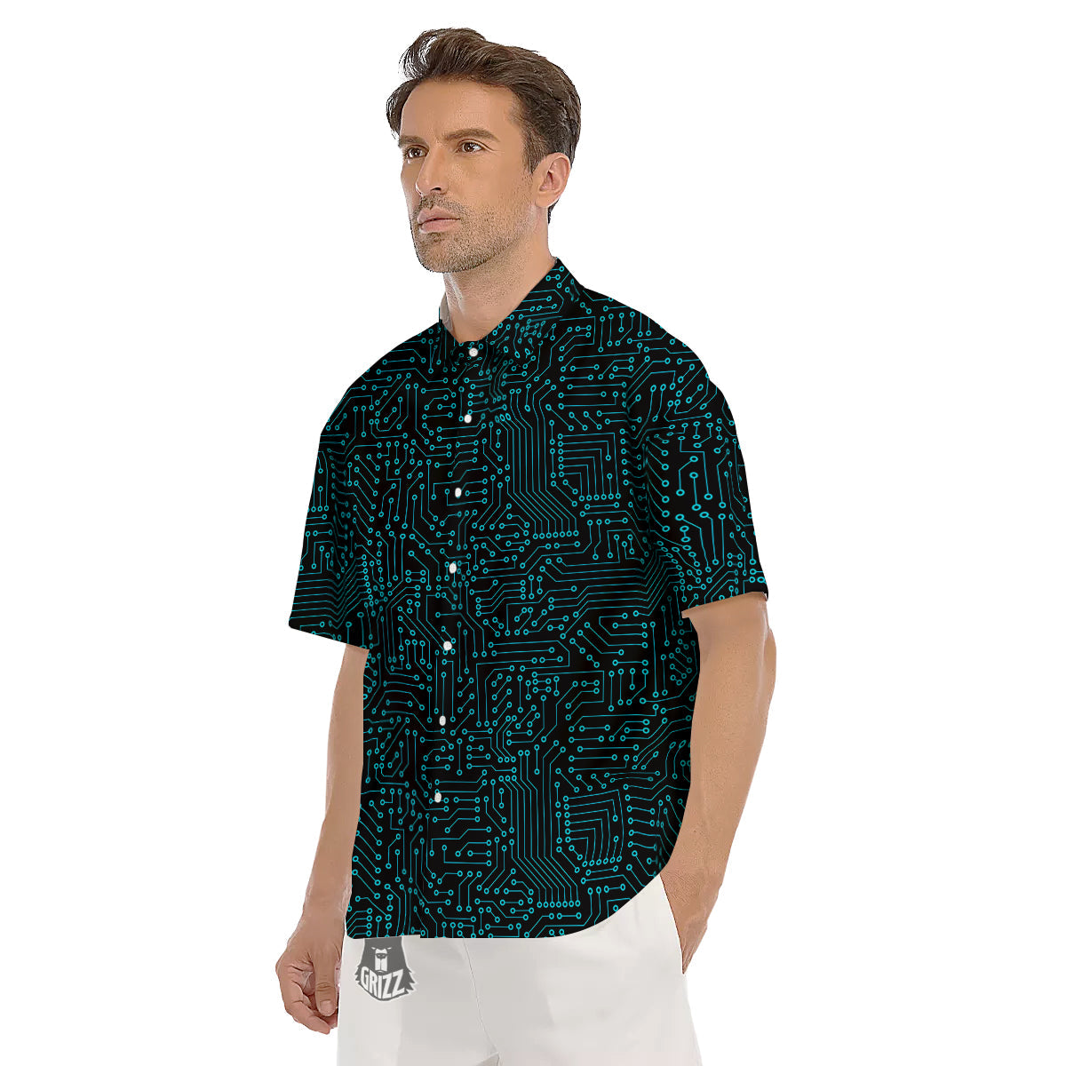 Circuit Black Blue Print Pattern Men's Short Sleeve Shirts-grizzshop