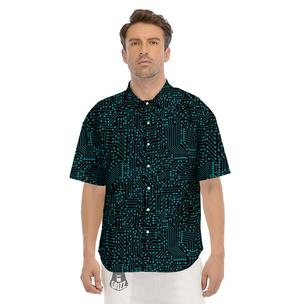 Circuit Black Blue Print Pattern Men's Short Sleeve Shirts-grizzshop