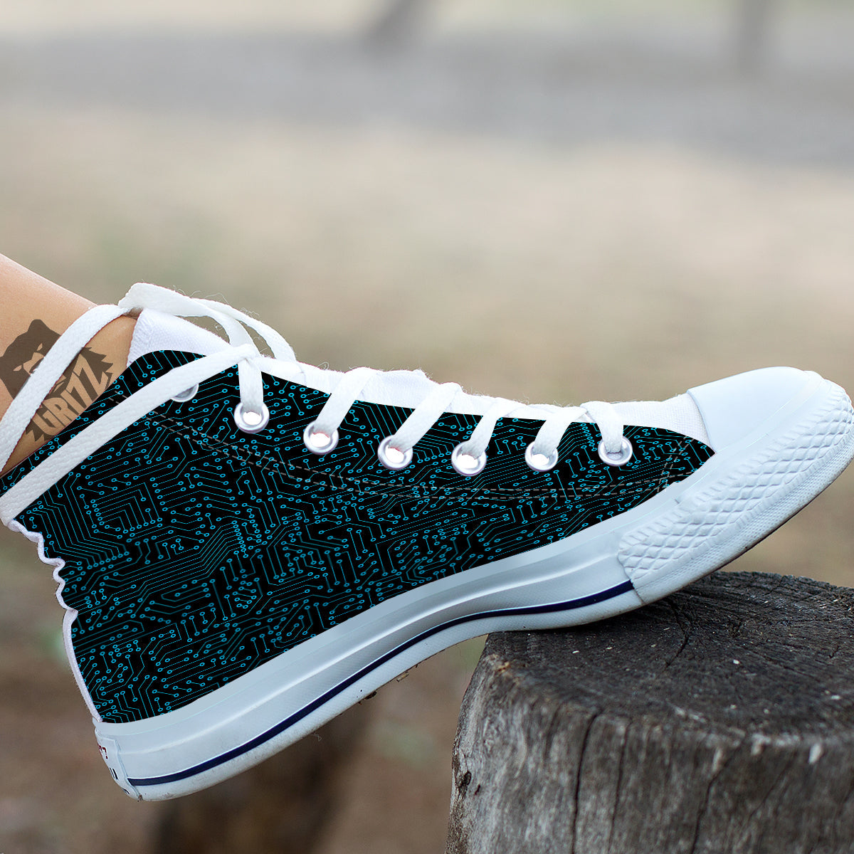 Circuit Black Blue Print Pattern White High Top Shoes-grizzshop