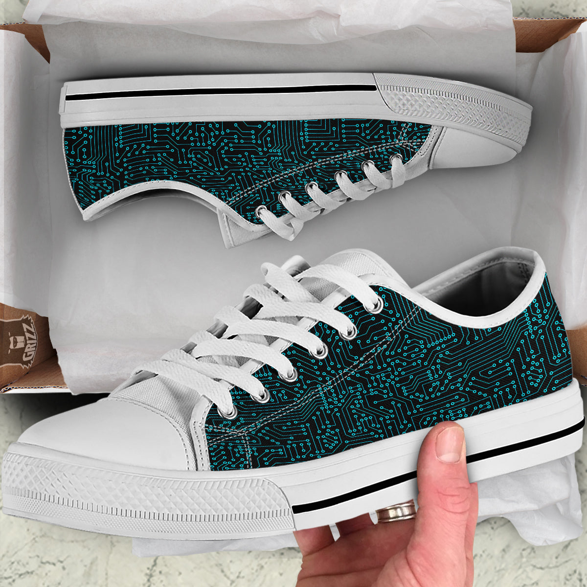 Circuit Black Blue Print Pattern White Low Top Shoes-grizzshop