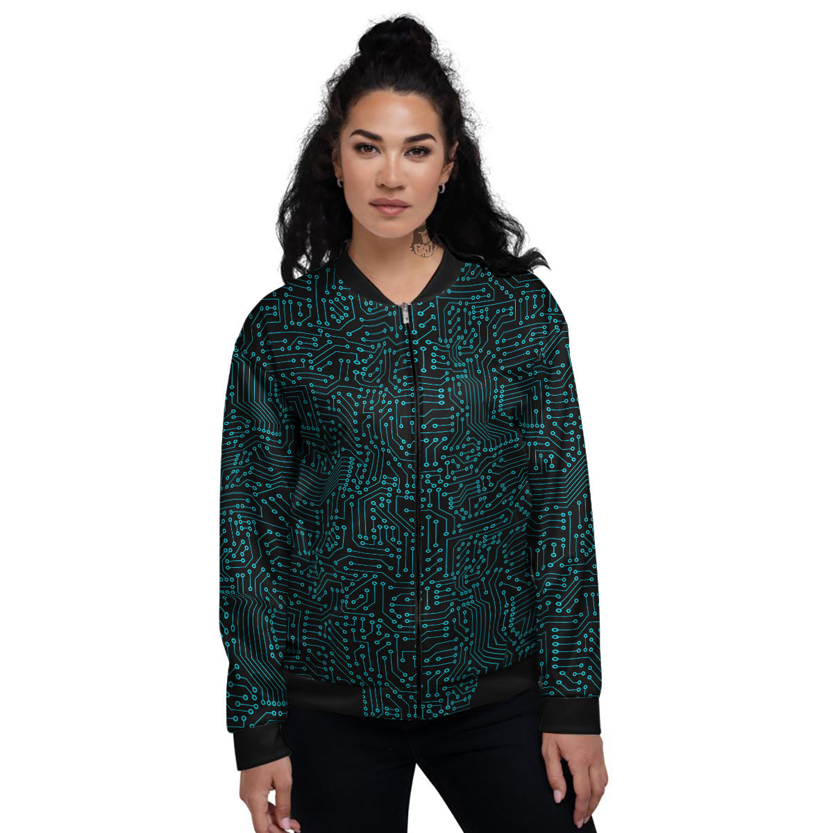 Circuit Black Blue Print Pattern Women's Bomber Jacket-grizzshop