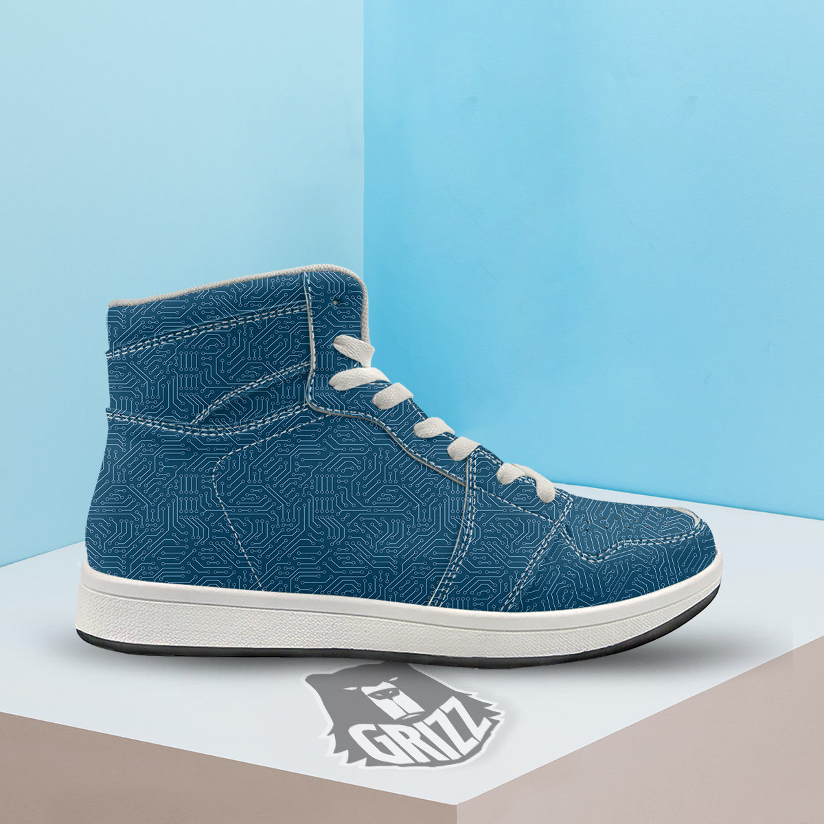 Circuit Blue Print Pattern High Top Sneakers-grizzshop