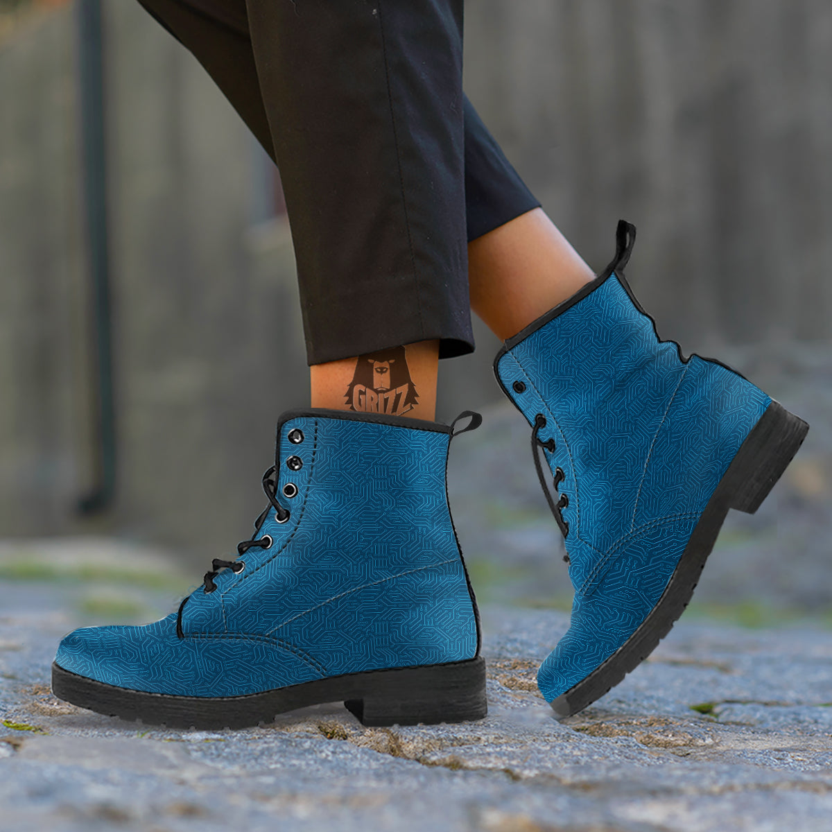 Circuit Blue Print Pattern Leather Boots-grizzshop
