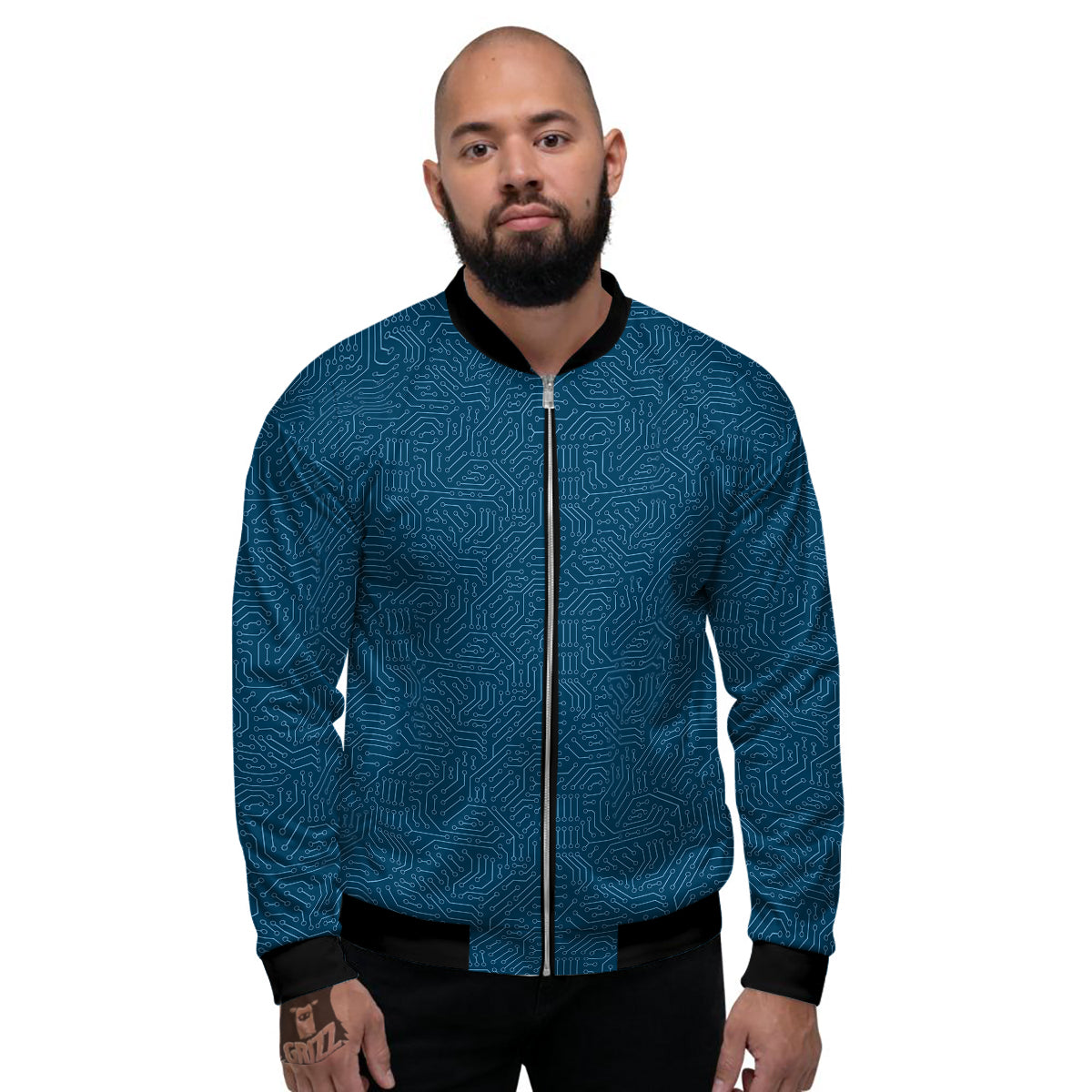 Circuit Blue Print Pattern Men's Bomber Jacket-grizzshop
