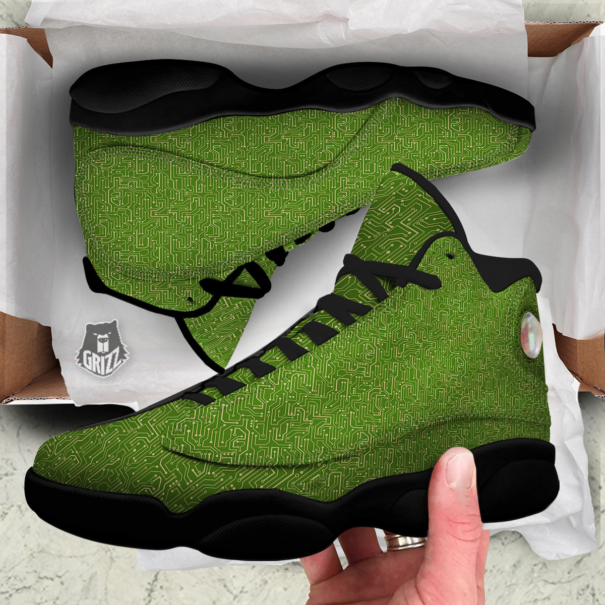 Circuit Green Print Pattern Black Basketball Shoes-grizzshop