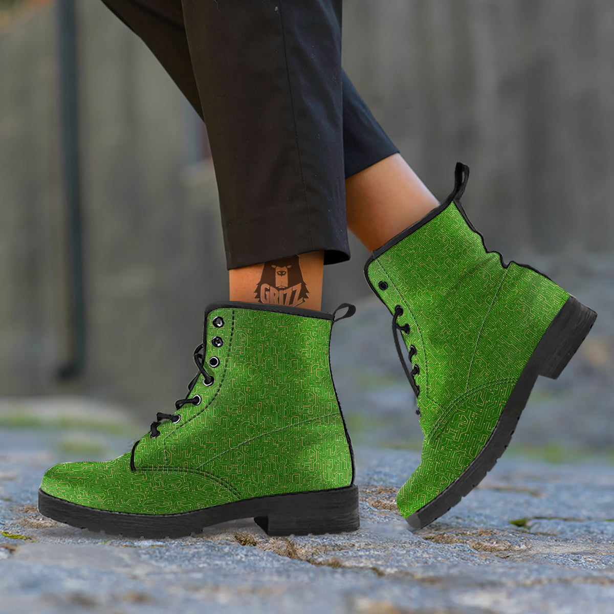 Circuit Green Print Pattern Leather Boots-grizzshop