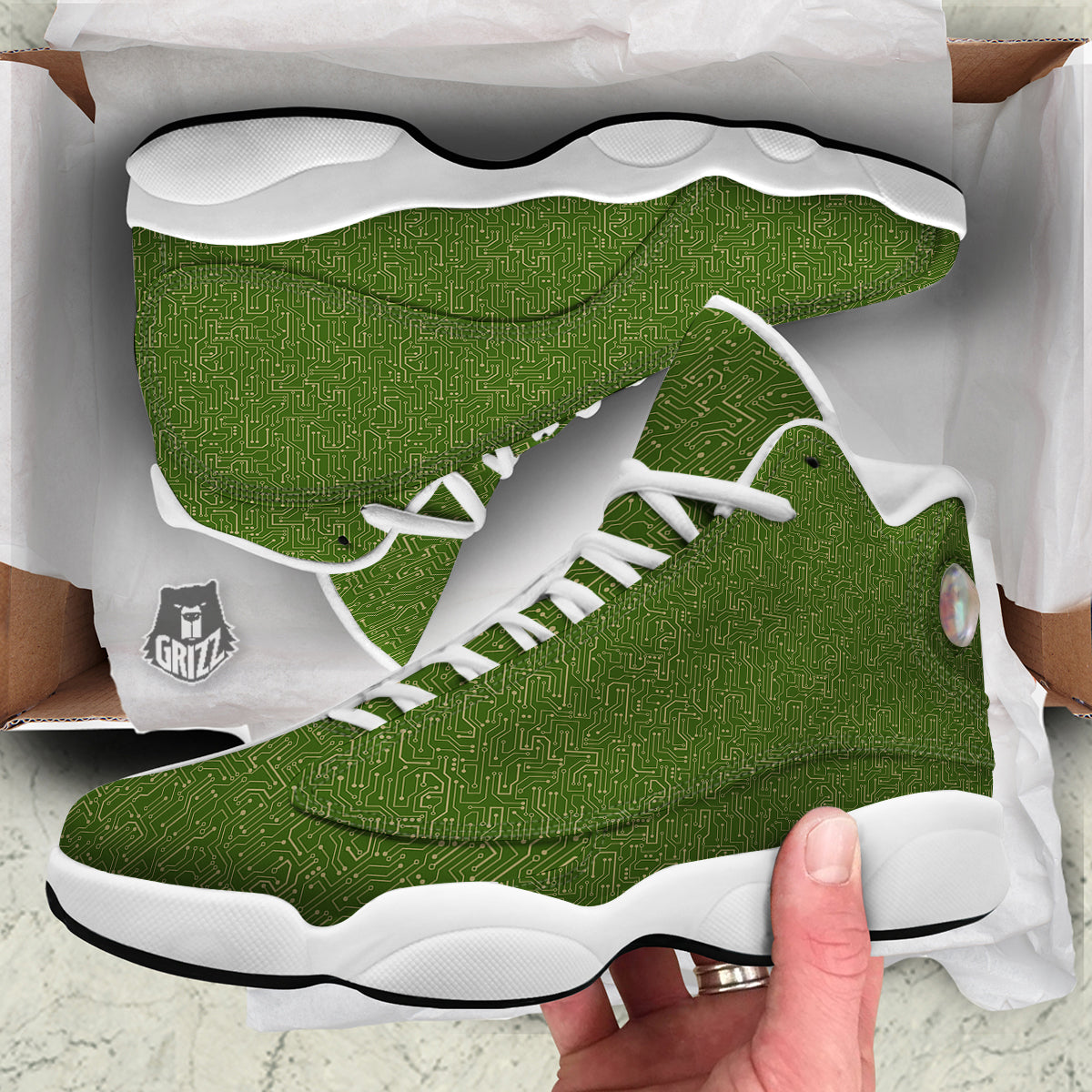 Circuit Green Print Pattern White Basketball Shoes-grizzshop