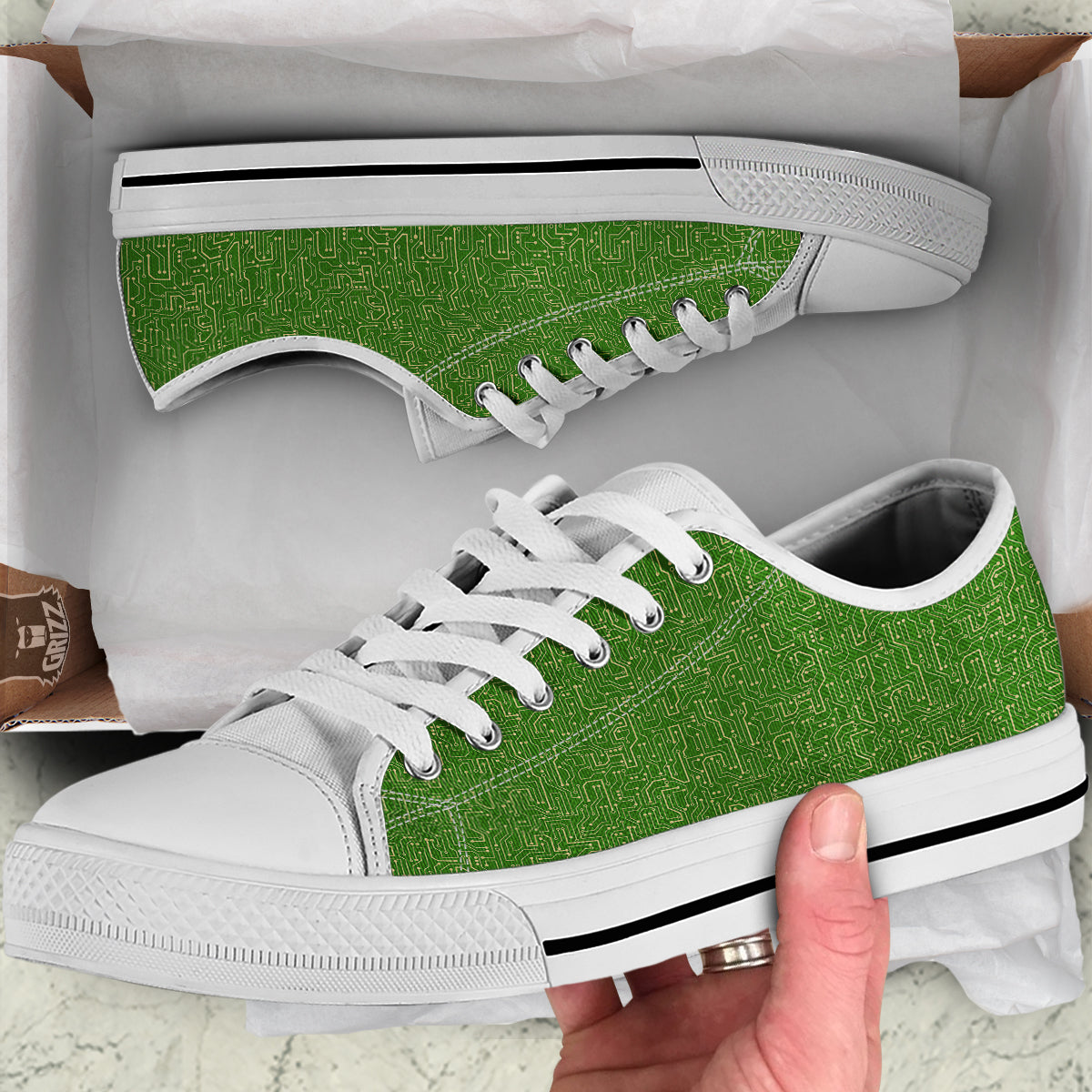 Circuit Green Print Pattern White Low Top Shoes-grizzshop