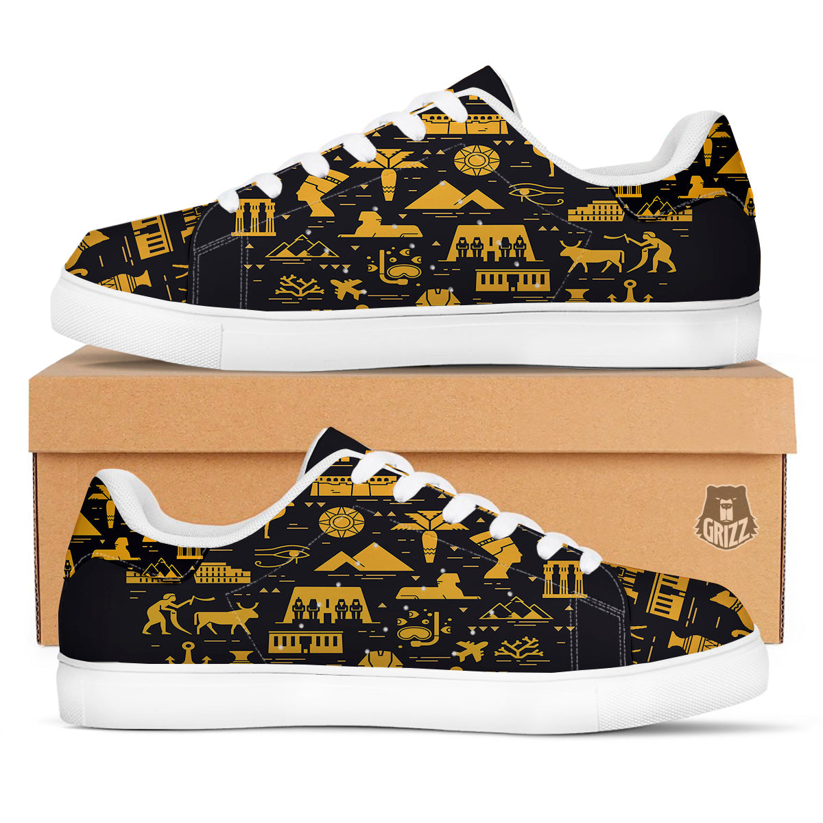 Circular Symbols Of Egypt Print White Low Top Sneakers-grizzshop