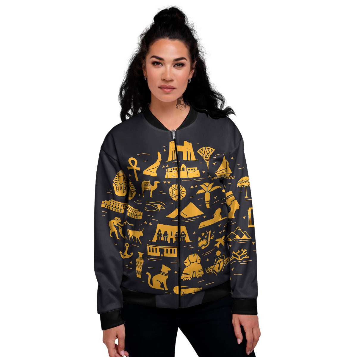 Circular Symbols Of Egypt Print Women's Bomber Jacket-grizzshop