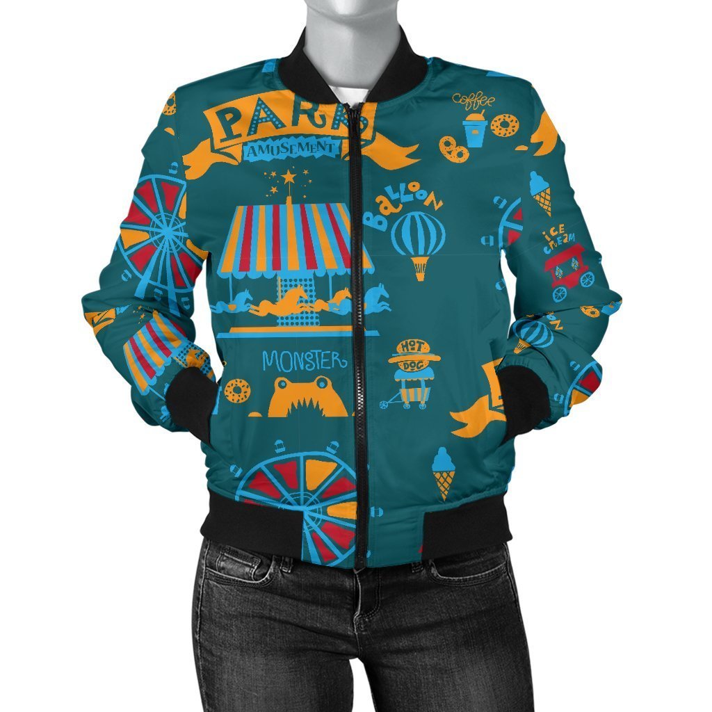 Circus Amusement Park Pattern Print Women Casual Bomber Jacket-grizzshop