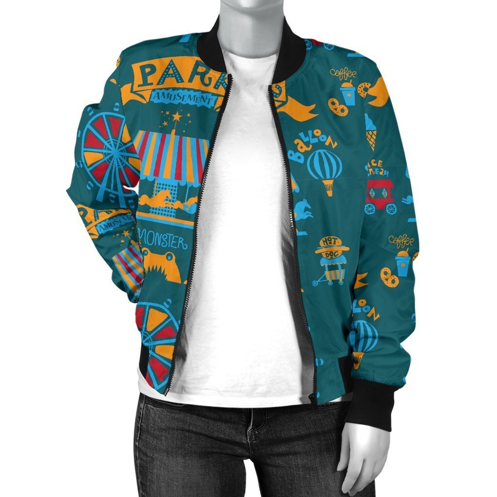 Circus Amusement Park Pattern Print Women Casual Bomber Jacket-grizzshop