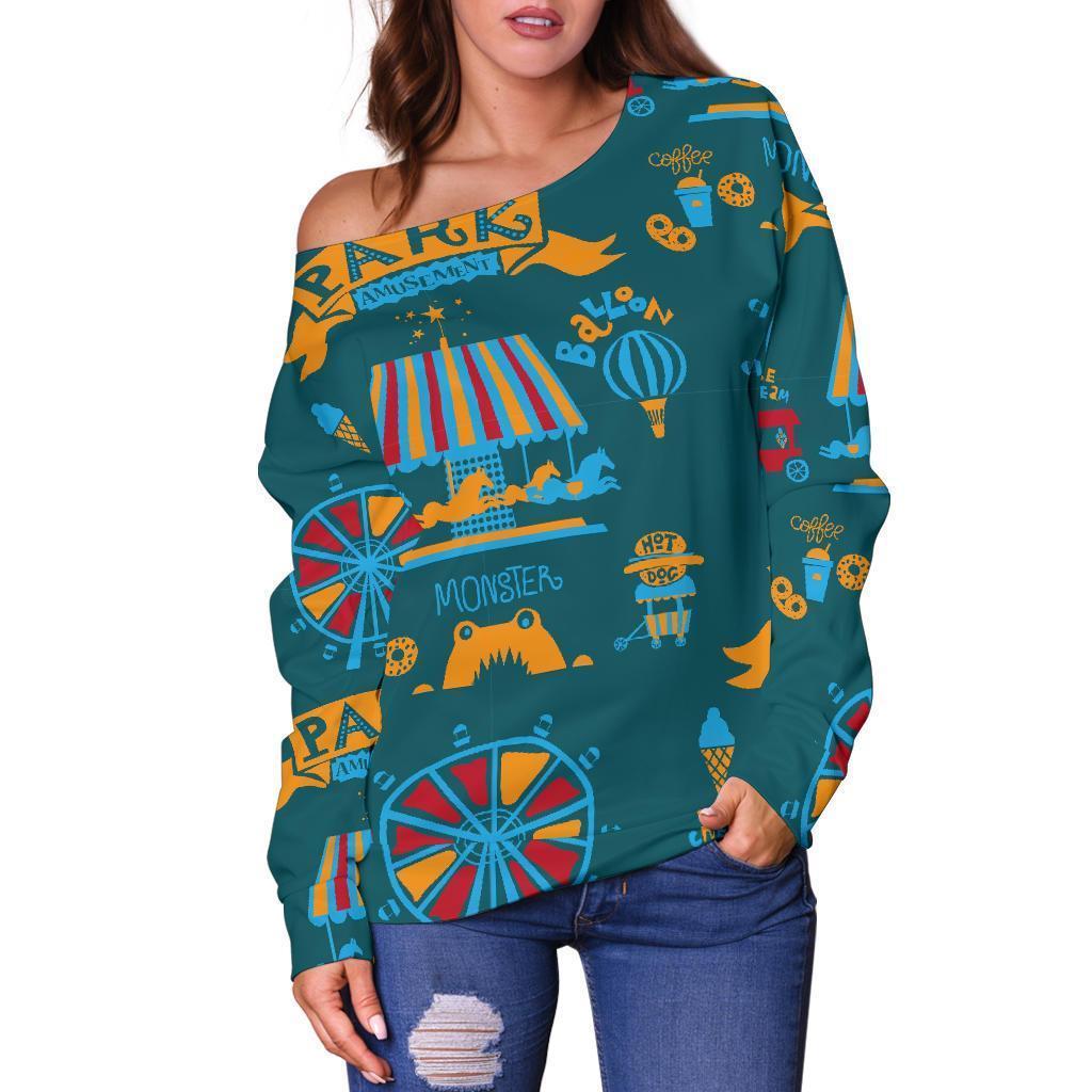 Circus Amusement Park Pattern Print Women Off Shoulder Sweatshirt-grizzshop