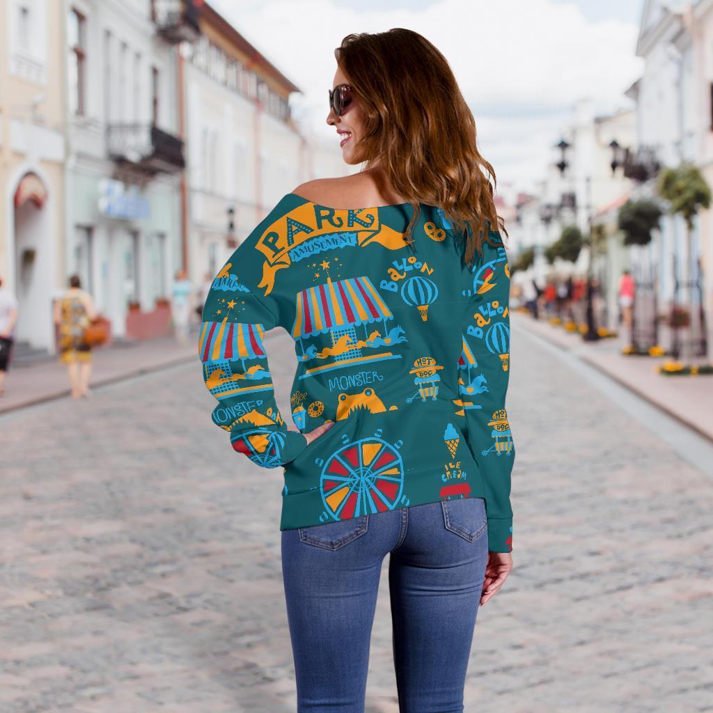 Circus Amusement Park Pattern Print Women Off Shoulder Sweatshirt-grizzshop