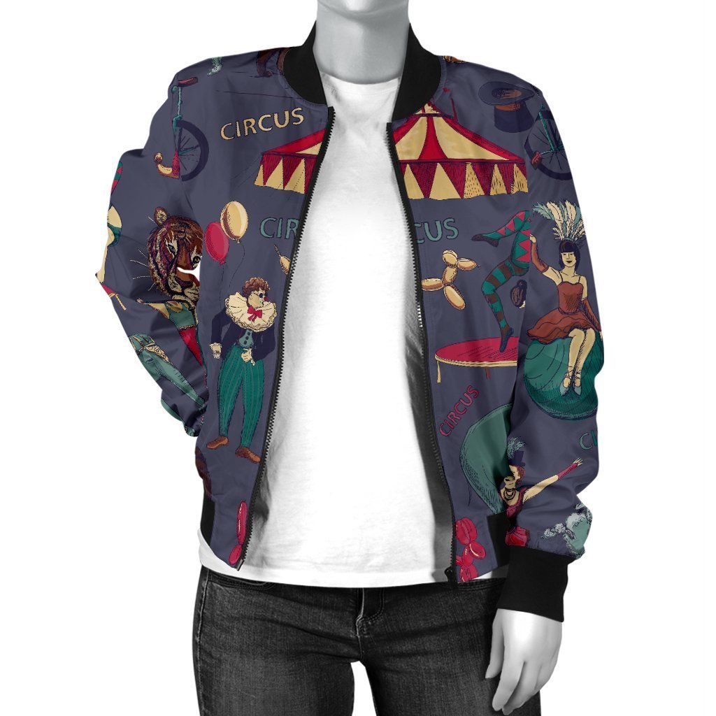 Circus Print Pattern Women Casual Bomber Jacket-grizzshop