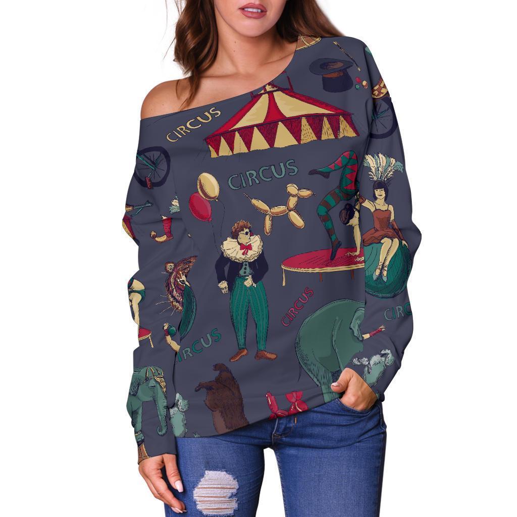 Circus Print Pattern Women Off Shoulder Sweatshirt-grizzshop