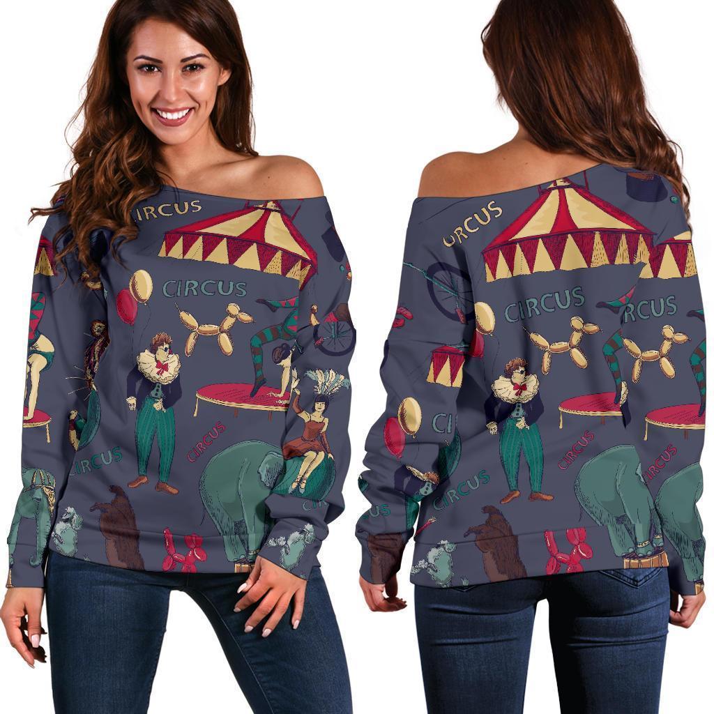 Circus Print Pattern Women Off Shoulder Sweatshirt-grizzshop