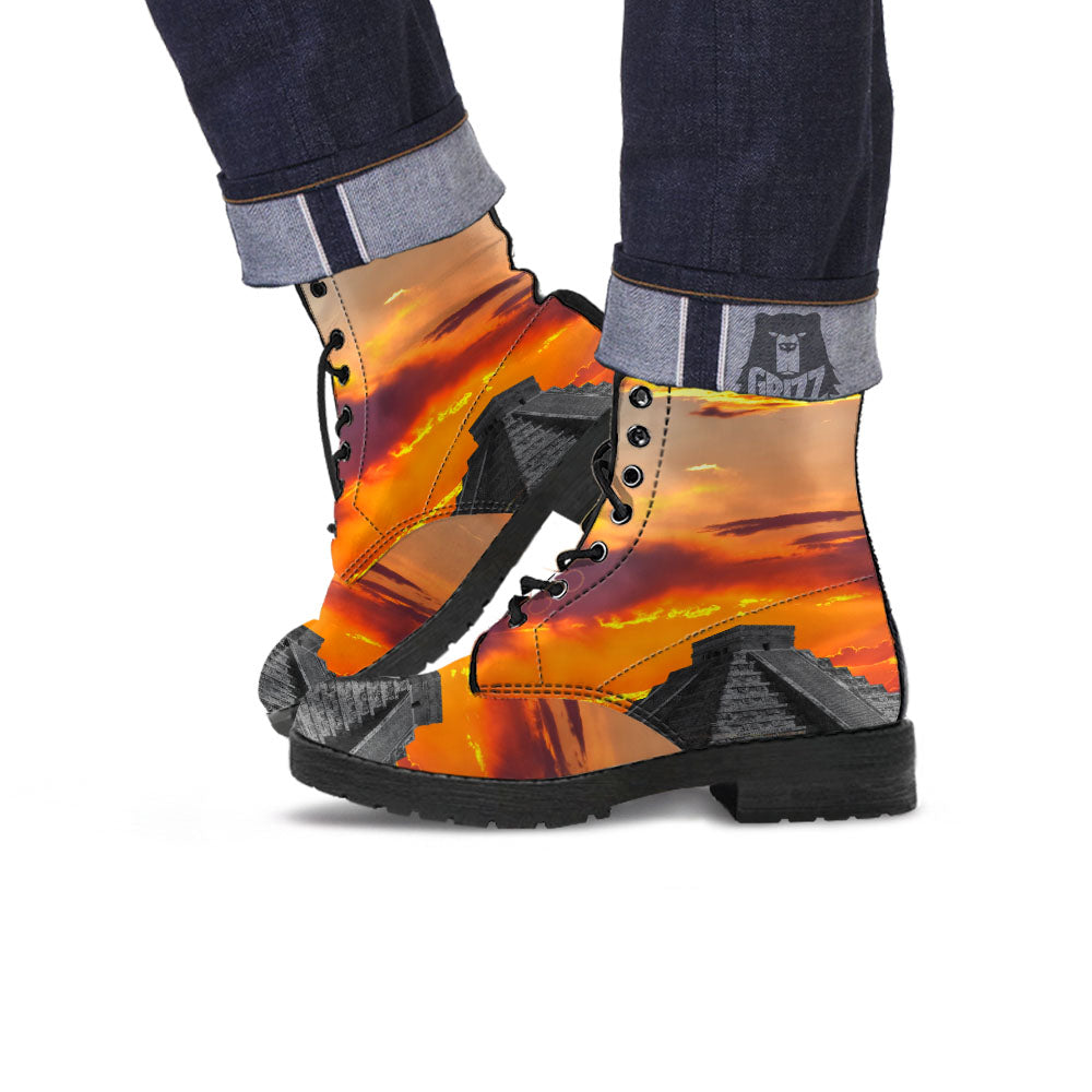Civilization Mayan Print Leather Boots-grizzshop