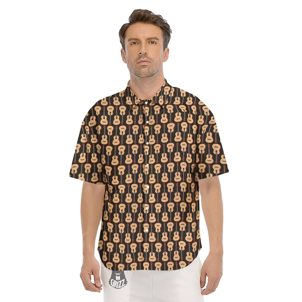 Classic Guitar Print Pattern Men's Short Sleeve Shirts-grizzshop