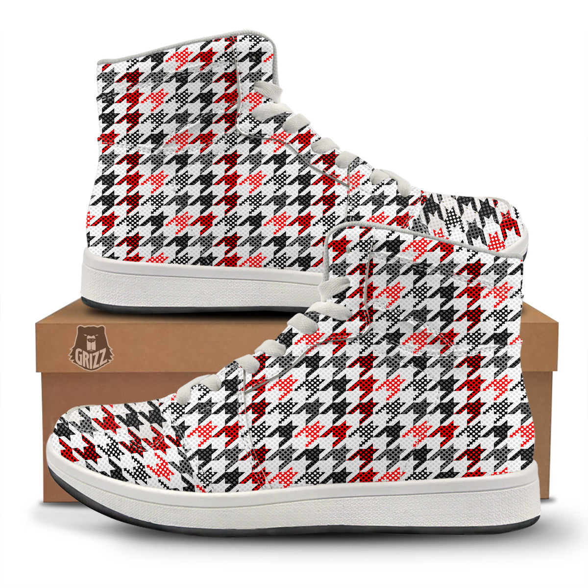 Classic Polka Dot In Houndstooth Print Pattern High Top Sneakers-grizzshop
