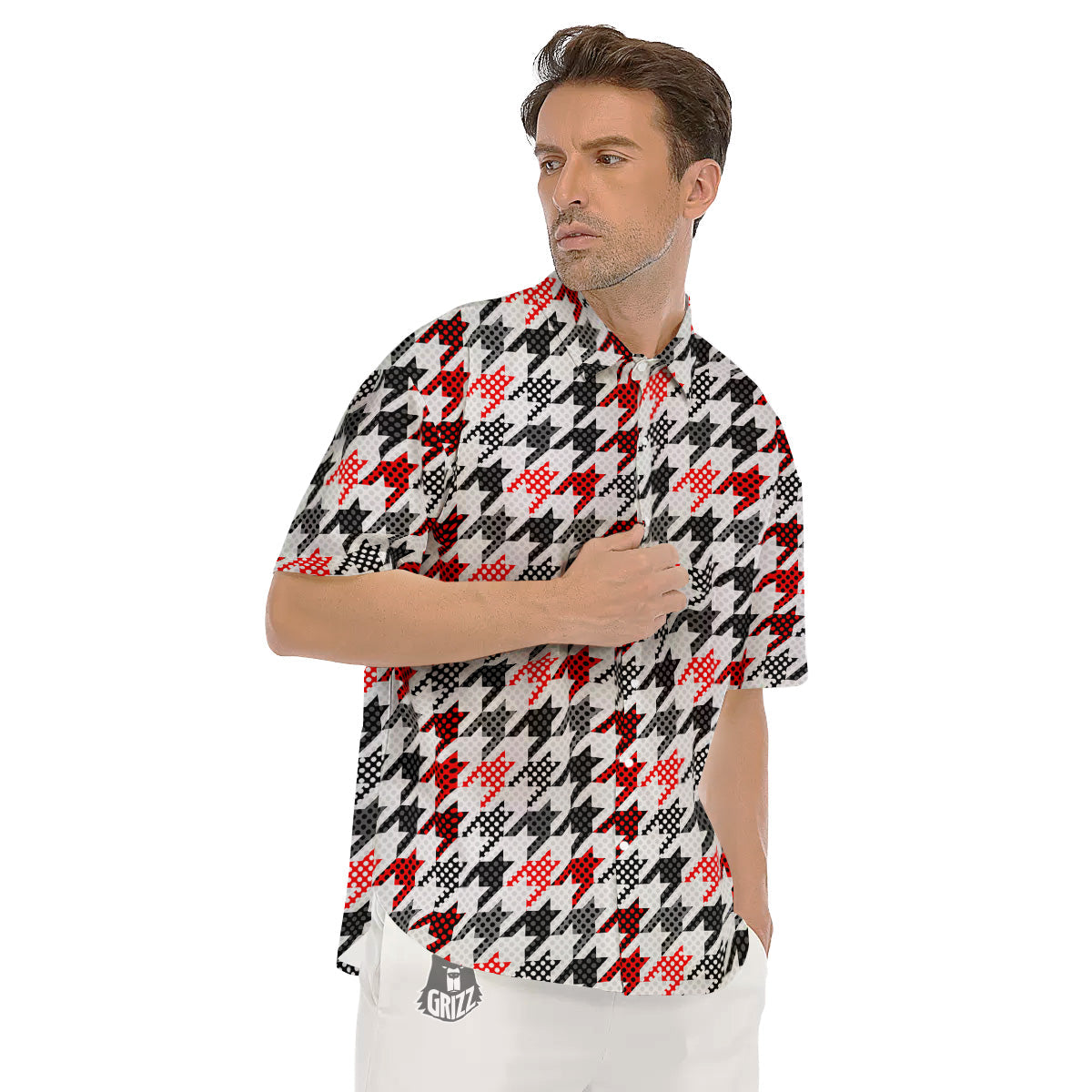 Classic Polka Dot In Houndstooth Print Pattern Men's Short Sleeve Shirts-grizzshop