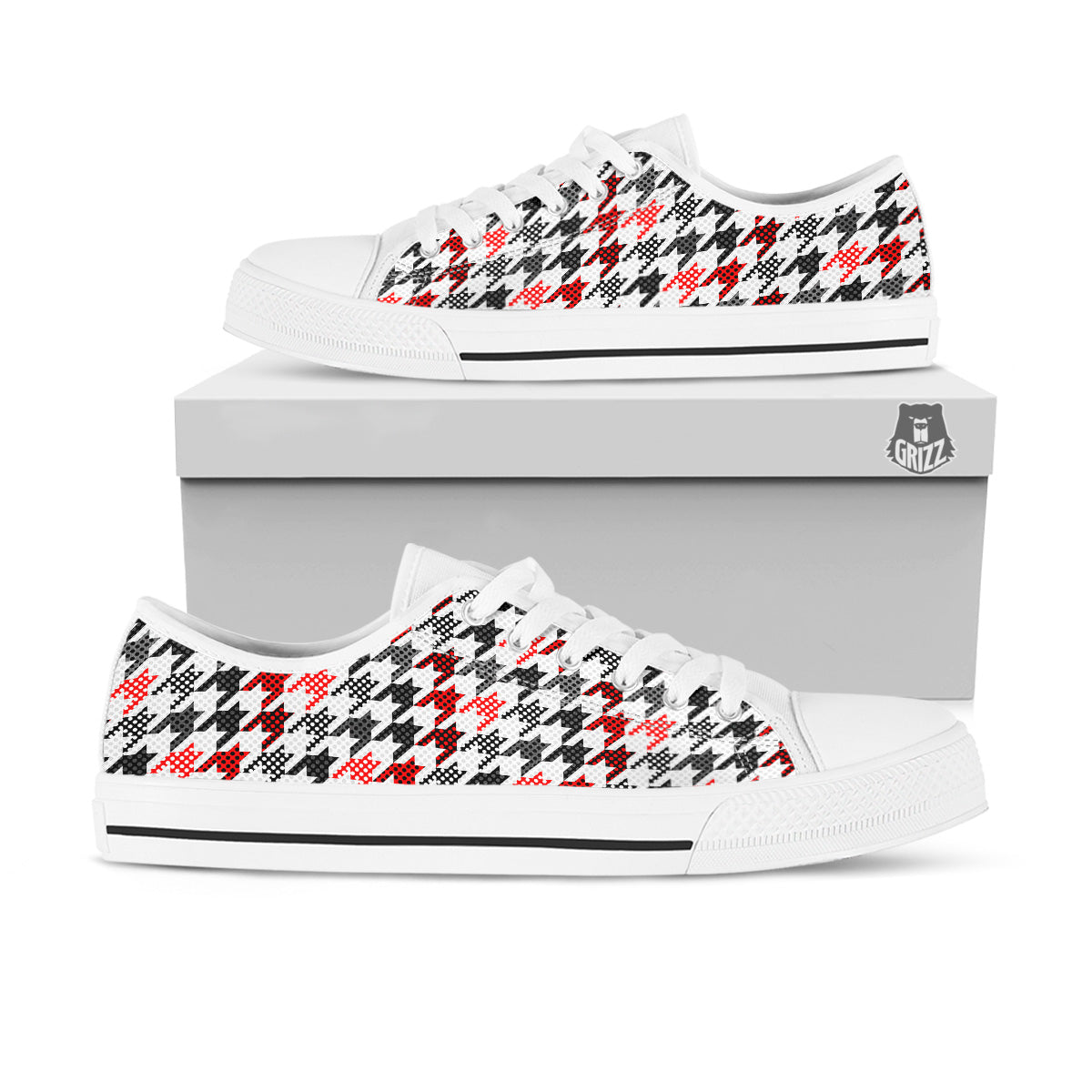 Classic Polka Dot In Houndstooth Print Pattern White Low Top Shoes-grizzshop