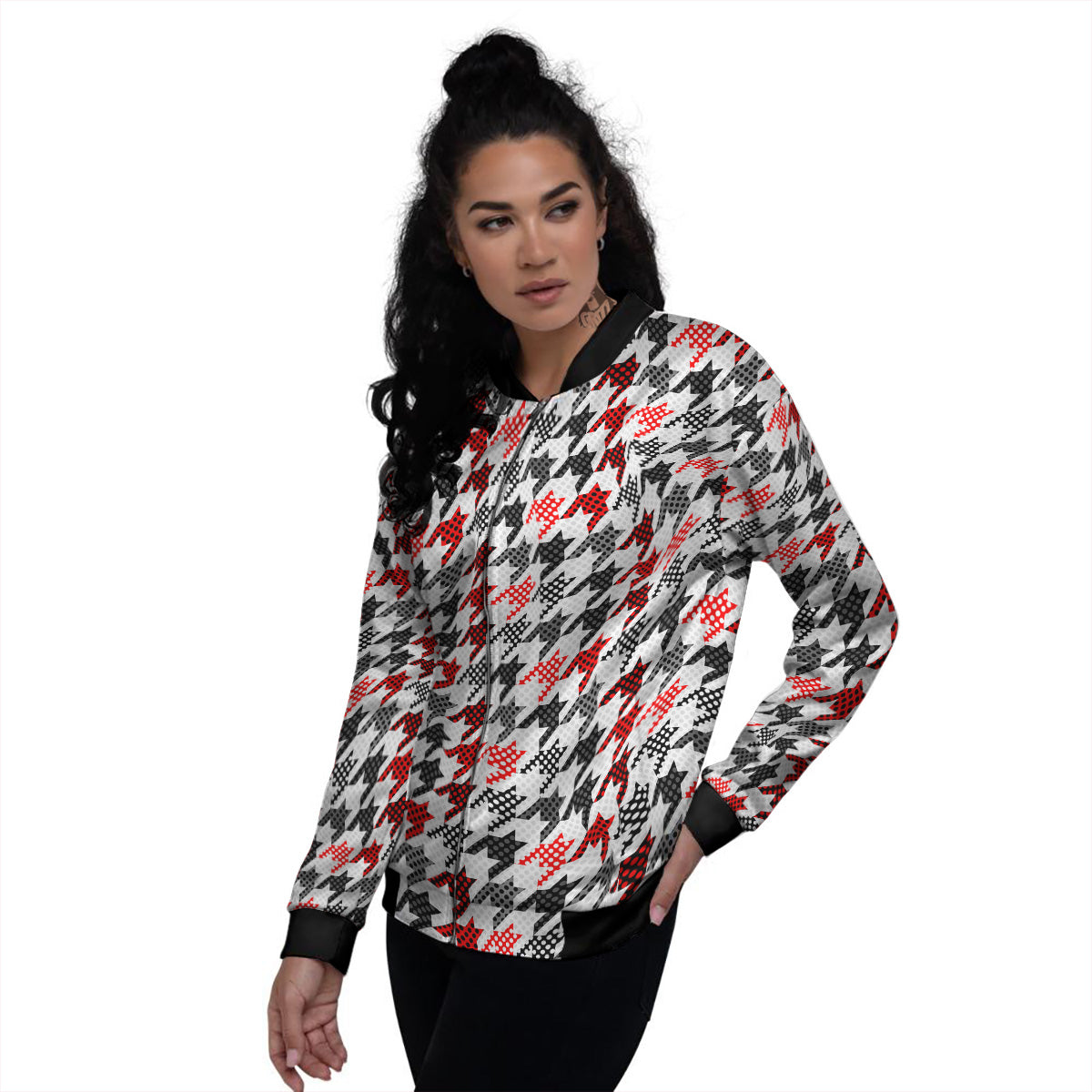 Classic Polka Dot In Houndstooth Print Pattern Women's Bomber Jacket-grizzshop
