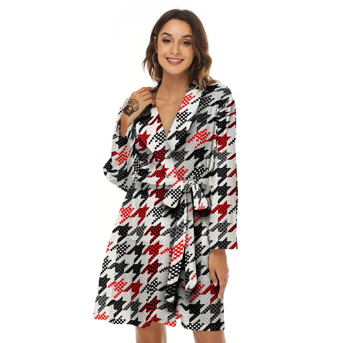 Classic Polka Dot In Houndstooth Print Pattern Women's Robe-grizzshop