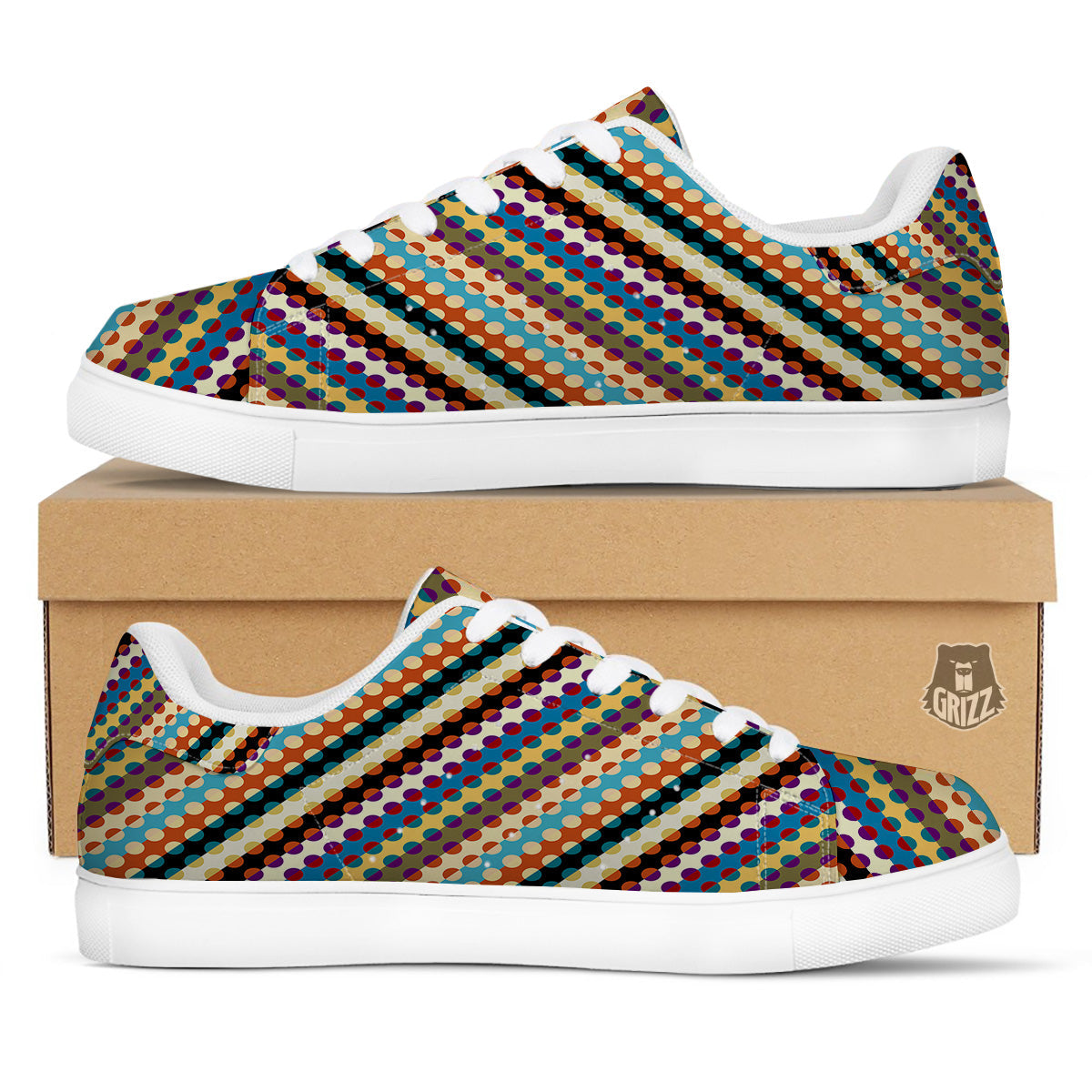 Classic Stripe Polka Dot Print Pattern White Low Top Sneakers-grizzshop