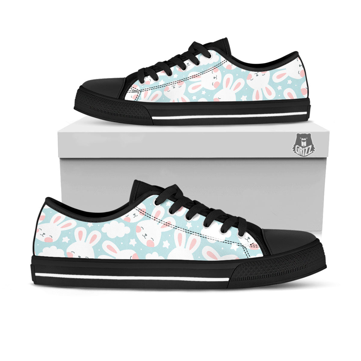 Cloud And Rabbit Print Pattern Black Low Top Shoes-grizzshop